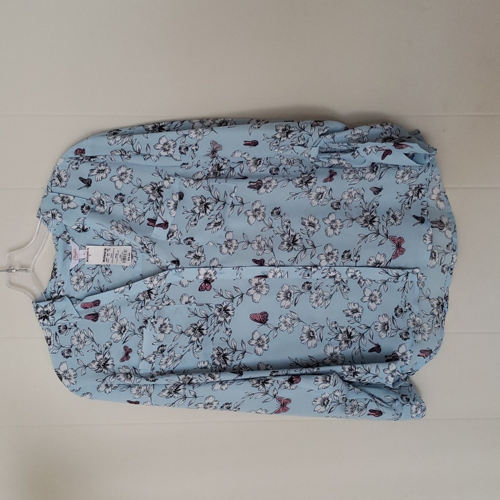 Womens Candie's Blue Floral Butterflies  Blouse Roll button Sleeves